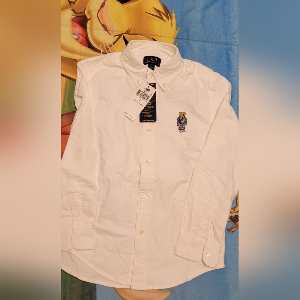 Ralph Lauren Kids White Shirt with Blue Bear Embroidery